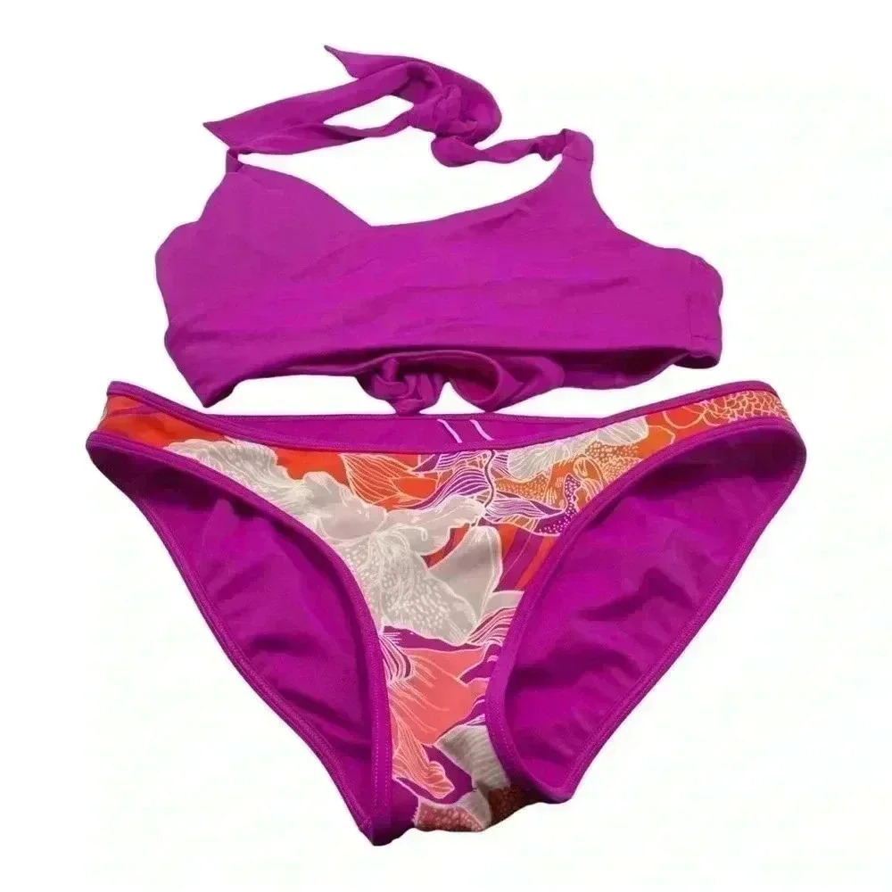 Athleta bikini top and bottom wrap halter top and full reversible bikini
